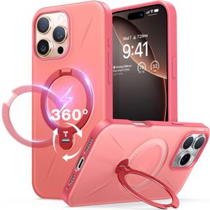 TORRAS Upgraded 360 Spin Magnetic Stand for iPhone 16 Pro Case, Fit for MagSafe, Built-in Kickstand & Ring Holder, Mil-Grade Protective Soft Edge Slim Case for iPhone 16 Pro, Coral Pink, 6.3''