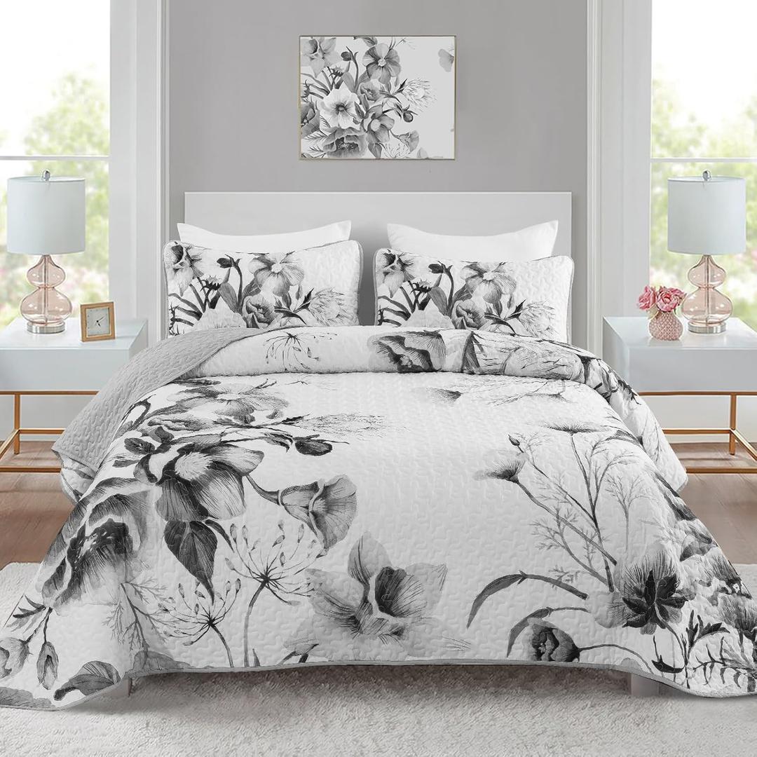 Floral Quilt Set King 3 Pieces Grey Floral Quilt Coverlet Set Soft Microfiber Lightweight White Quilted Bedspread for All Season 104"x90"