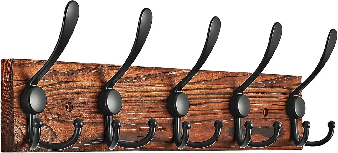 Hmsrjh Coat Rack Wall Mounted, Pre-Assembled 16" Wooden Hat Rack with 5 Triple Hooks, Heavy Duty Rustic Farmhouse Wood Plank for Entryway, Bathroom - for Hanging Coats, Jackets, Hats, Bags, Backpacks (Black)
