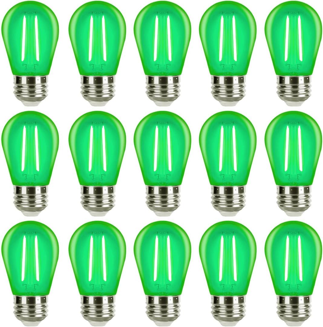 Green S14 LED Bulbs 2 Watt Replacement Bulbs for Outdoor String Lights, Shatterproof Waterproof E26 Base Vintage LED Filament Green Light Bulbs for Christmas Halloween Decoration, 15 Pack