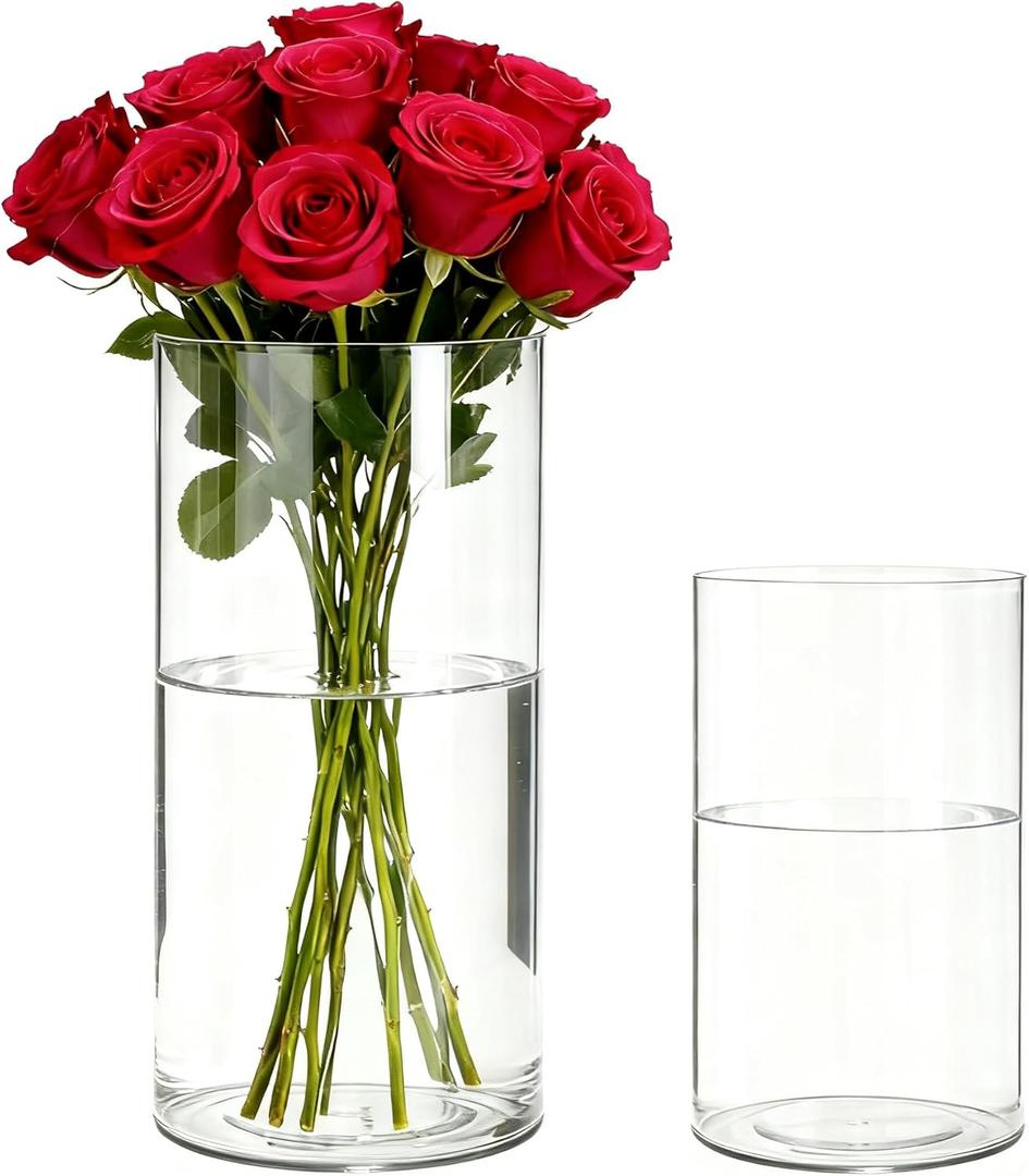 2 Pack Acrylic Cylinder Vases, Non-breakable Vase for Centerpieces, 8,14 inch Tall Clear Flower Vase Bulk Floating Candle Holder for Wedding Table Home Decor