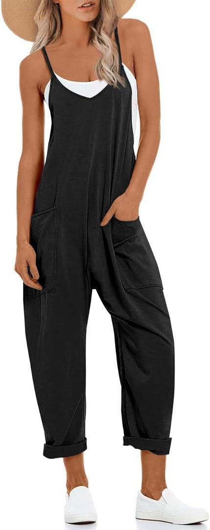 Muchpow Women's V Neck Sleeveless Jumpsuits Spaghetti Straps Harem Long Pants Overalls With Pockets (Medium, Black)