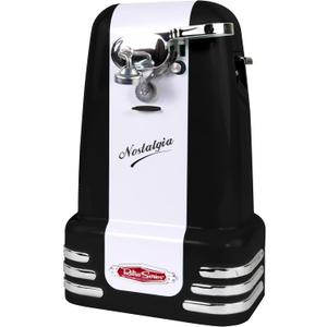 Nostalgia Retro Electric Can Opener for Kitchen with Magnetic Lid Remover, Knife Sharpener, and Soda or Beer Bottle Opener, Black