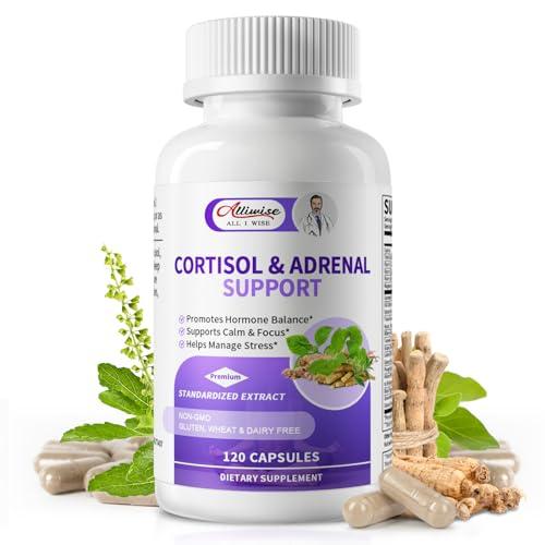 Alliwise Cortisol Supplements for Women & Men - Adrenal Support with Ashwagandha, L-Theanine & Holy Basil for Stress Relief, Mood & Steady Focus - Hormone Balance - 120 Vegan Capsules