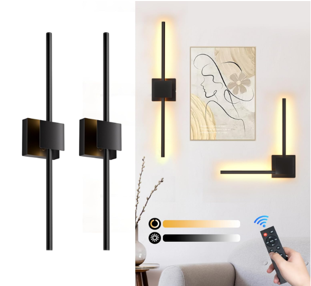 Battery Operated Wall Sconces Set of 2,  12000mAh Rotatable Picture Lights with Remote Control, Dimmable 30006500K LED Rechargeable Wall Lights for Living Room Bedroom Mirror, 28.3In