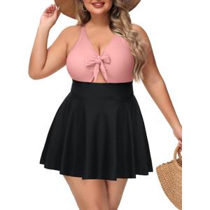 NIeyook Womens Plus Size One Piece Swimsuit with Skirt V Neck Cutout Flowy Swim Dress Tummy Control Bathing Suit (18 Plus, Pink and Black)