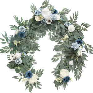Ling's Moment Flower Garland - 6FT Eucalyptus & Rose - Sweetheart Table Decor for Wedding Reception, Artificial Arch Floral Garland for Mantle, Christmas, Beach Decoration, Dusty Blue & White