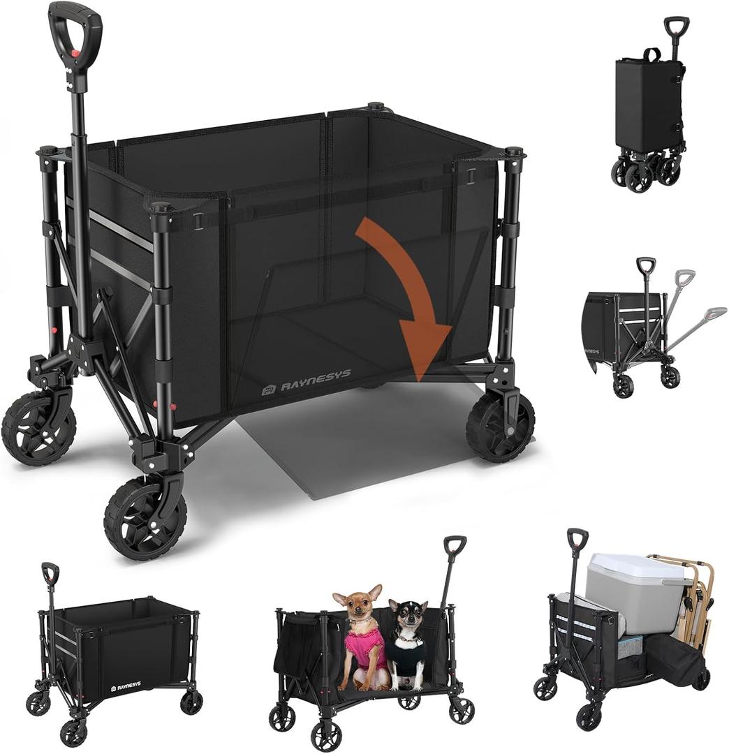 Raynesys 3 in 1 Collapsible Wagon Converts to Bench, 220lbs Foldable Wagon Cart with Wheels, 120L Shopping Cart for Groceries Folding Utility Wagon for Beach, Garden, Camping, Sport, Black