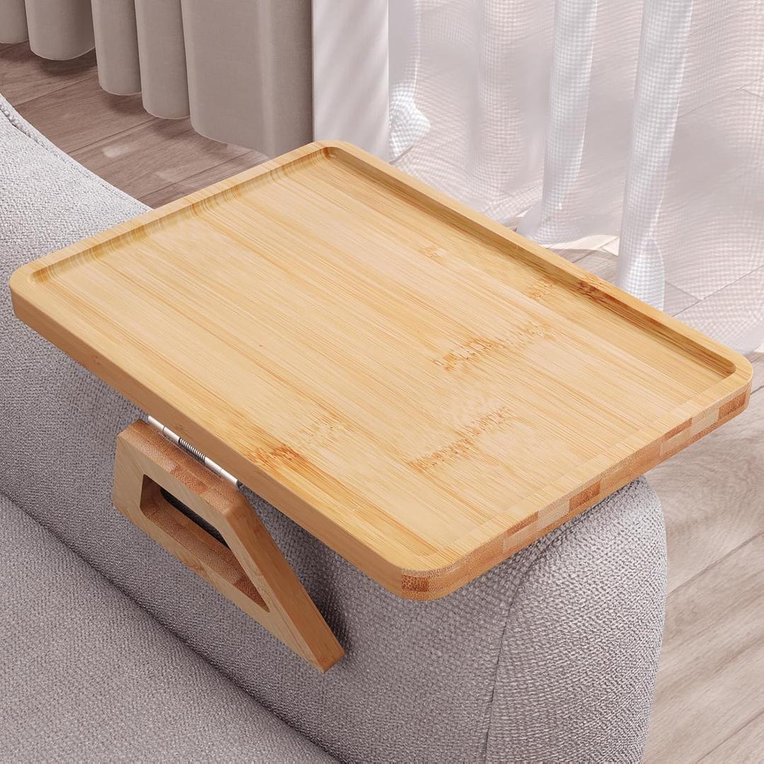 Couch Arm Tray,Bamboo Folding Sofa Tray,Sofa Armrest Trays Clip-On Couch Desk for Drinks,Snacks,Phone,Remote ControlNatural