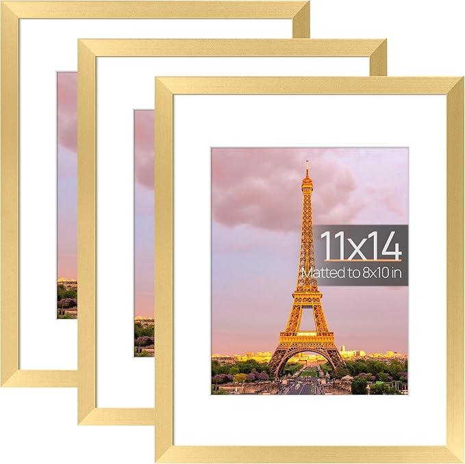 upsimples 11x14 Picture Frame Set of 3, Made of High Definition Glass for 8x10 with Mat or 11x14 Without Mat, Wall and Tabletop Display Photo Frames, Black