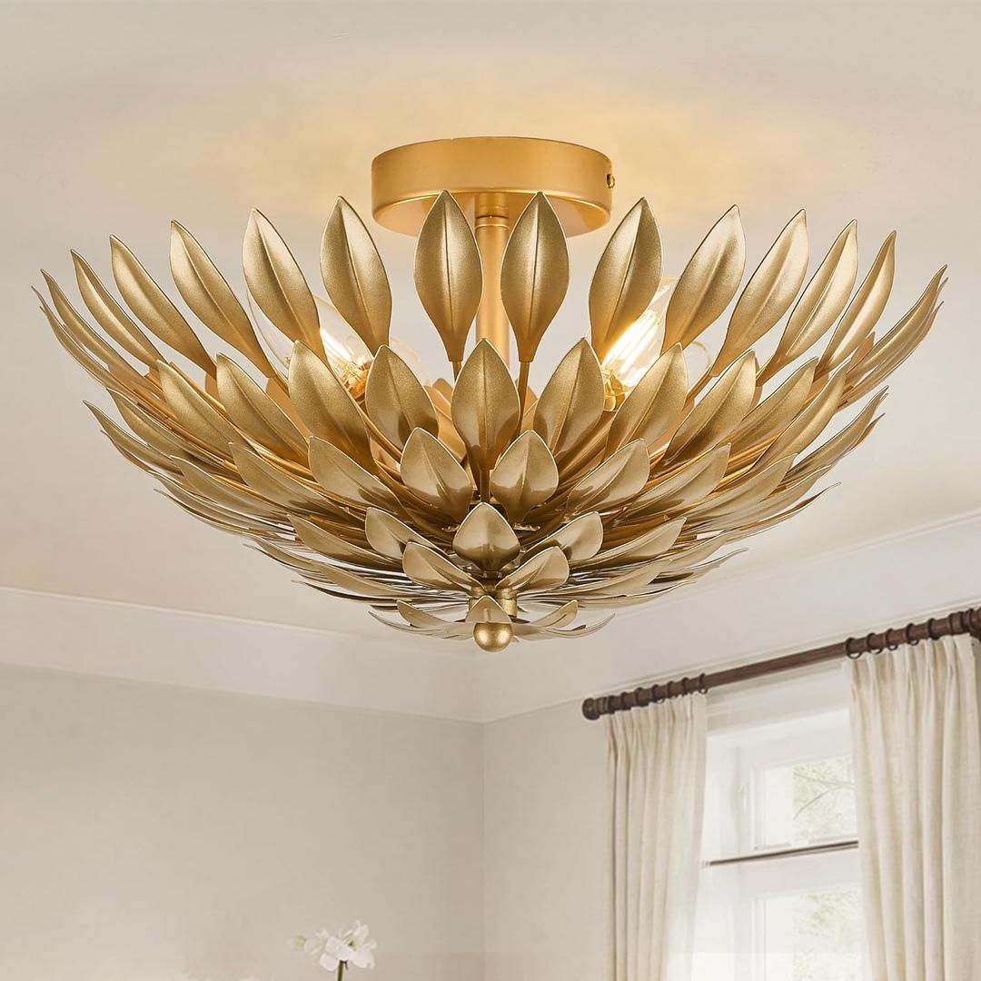 Gold Semi Flush Mount Ceiling Light Vintage Metal Brass Ceiling Light Fixtures Mid Century Modern Light Fixture Chandelier with Handmade Leaf,Flower Ceiling Lighting for Bedroom,Hallway,Foyer,Entryway