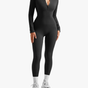 SUUKSESS Women Long Sleeve Ribbed Workout Jumpsuit One Piece V Neck Button Down Yoga Jumpsuits S