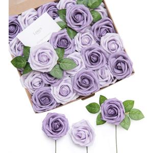 Ling's moment Artificial Flowers 50Pcs Dusty Violet Roses Decor w/Stems,3" Real Touch DIY Foam Floral for Wedding Bouquet/Centerpieces, Outdoors Party Backdrop, Room/Table, and Garden/Pot Decorations (Pr- Dusty Violet & Pale Lavender)