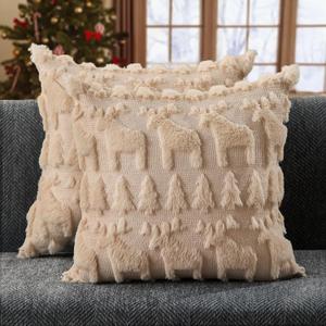DFXSZ Christmas Pillow Covers 18x18 inch Set of 2 Beige Christmas Tree Elk Decoration Soft Plush Faux Fur Jacquard Throw Pillows for Bedroom Sofa Holiday Festivals Winter Home Decor PTK069C18