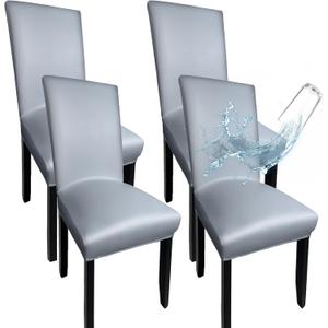 Gray Leather Chair Covers for Dining Chairs Set of 4, Faux Leather Dining Chair Covers Removable Wipeable Parson Chair Covers Leather, Stretch Waterproof Chair Seat Covers for Dining Chairs