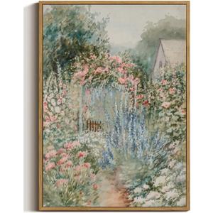 French Country Garden Framed Canvas Wall Art 16x24 inch | French Country Floral Wall Decor, Cottage Garden Fence Art Print, Rustic Farmhouse Decor for Living Room Bedroom Bathroom