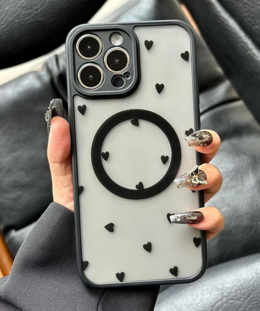 Case for iPhone 16 Pro [Compatible with MagSafe] Aesthetic Black Hearts Cute Design for Women Girls | Soft TPU Bumper Hard PC Back Translucent Matte Protective Slim Magnetic Phone Cover