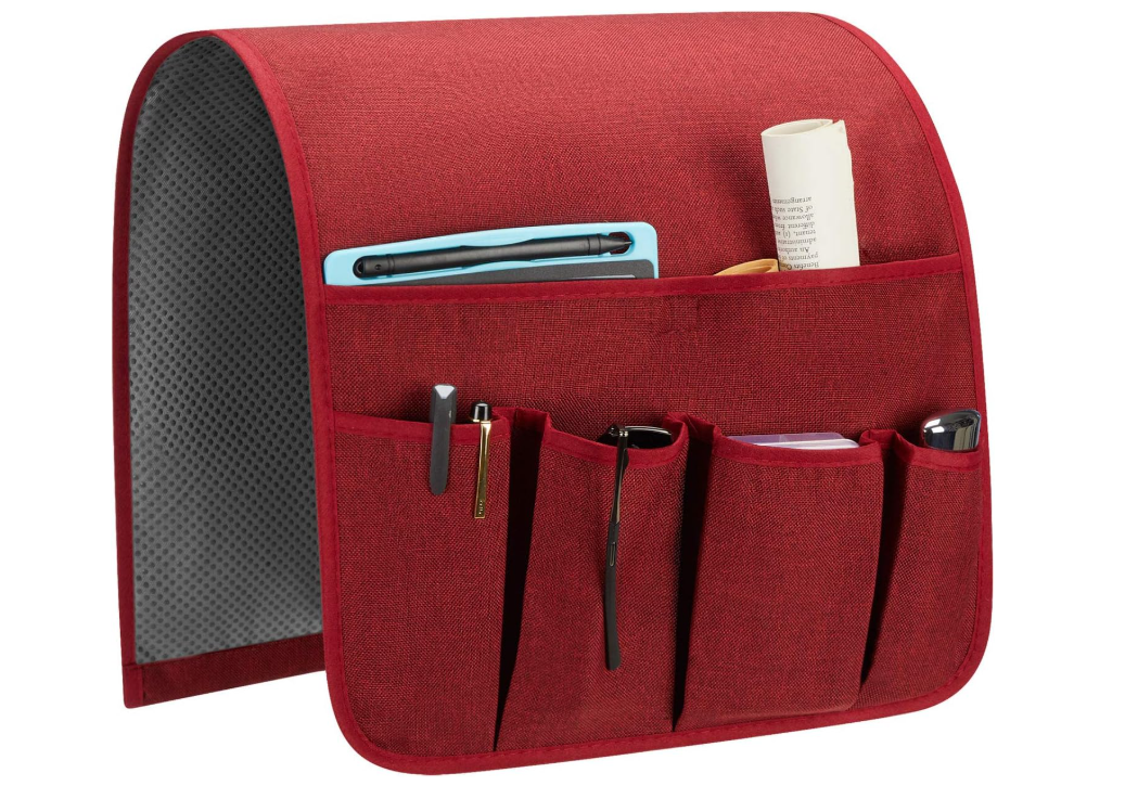 Sofa Armrest Organizer, Remote Control Holder for Recliner Couch, Arm Chair Caddy with 5 Pockets for Magazine, Tablet, Phone, iPad (W13'' x L33'', Red)