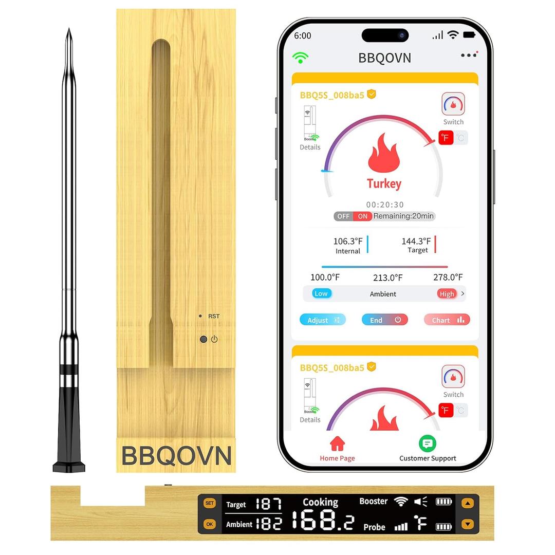 WiFi Sub-1G Wireless Meat Thermometer Unlimited Range, Check Temp Anywhere,7 NIST Certified Sensors with Ambient Temp, Monitor for BBQ, Grill, Oven, Smoker, Air Fryer (Black) (Small)
