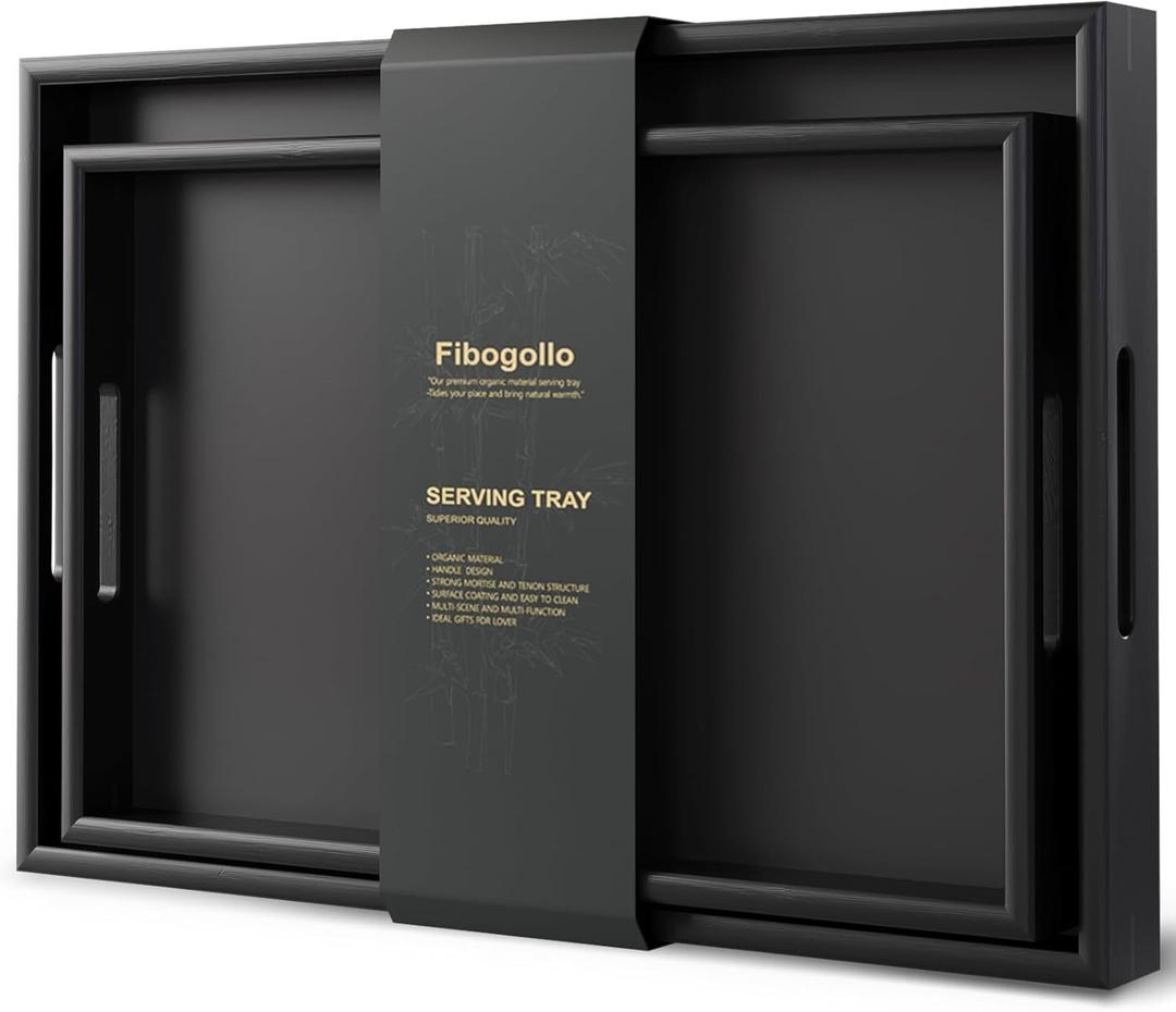 Fibogollo Bamboo Set of 2 Serving Tray with Handles,Decorative Trays Platter,Breakfast Tray in Bed,Food Drinks Tray for Eating,Working,Storing(Black)
