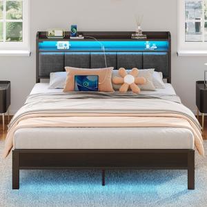 Rolanstar Queen Bed Frame with LED Lights, Upholstered Headboard, Charging Station, Storage Shelves, Heavy Duty Metal Slats, No Box Spring Needed, Noise Free, Easy Assembly, Dark Grey