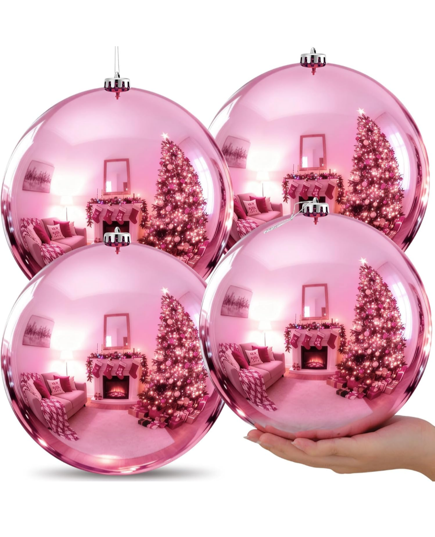 Zubebe 4 Pcs Extra Large Christmas Ball Ornaments 8'' (200 Mm) Giant Oversized Plastic Xmas Ball Big Hanging Christmas Tree Ornaments for Holiday Party Outdoor Decor(Light Pink) 