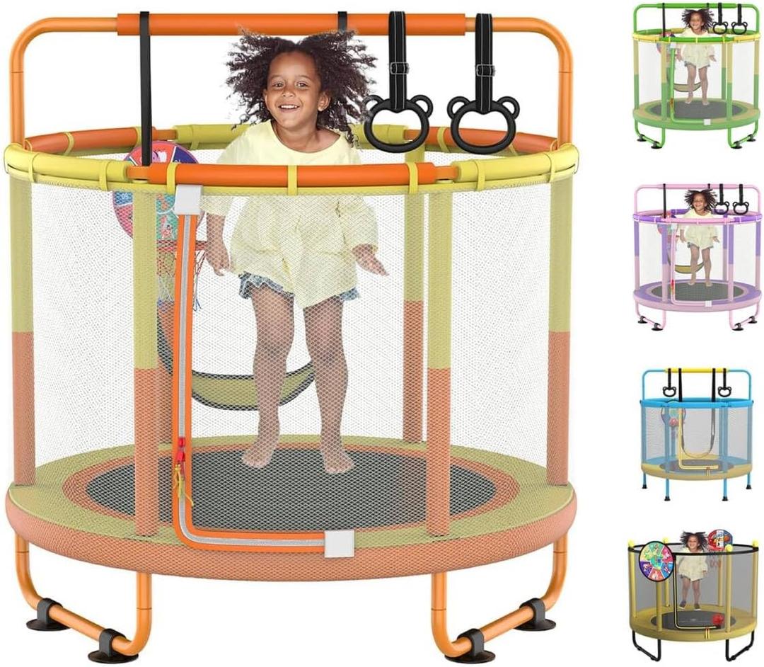 LANGXUN 60" Trampoline for Kids, 5ft Toddler Mini 6-in-1 Trampoline Indoor Outdoor with Swing, Basketball Hoop, Dart Board, Rings, Christmas Toys Birthday Gifts for Girls Boys