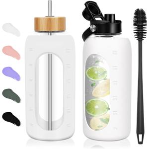 Glass Water Bottles 64 oz - Half Gallon Large Motivational Daily Water Intake Bottle Time Marker - Glass Water Bottle With Straw, Silicone Sleeve 2 Lids, Handle Spout & Bamboo Lid(White)