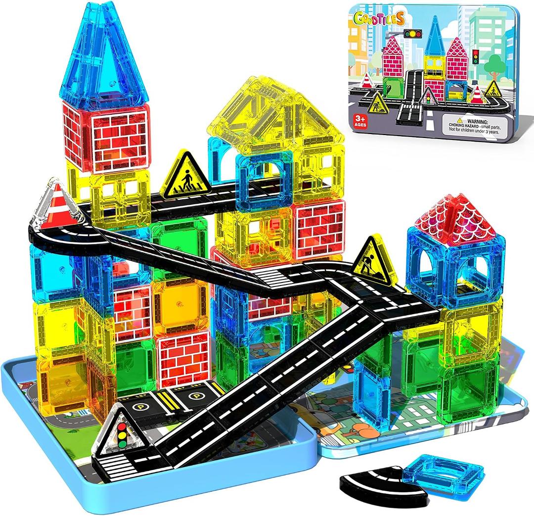 Mini Magnetic Tiles Road Set, STEM Building Toys for Kids Ages 3-8 | Screen-free Travel Toys, Preschool Magnetic Building Blocks, Birthday Gifts for Boys Girls 3+