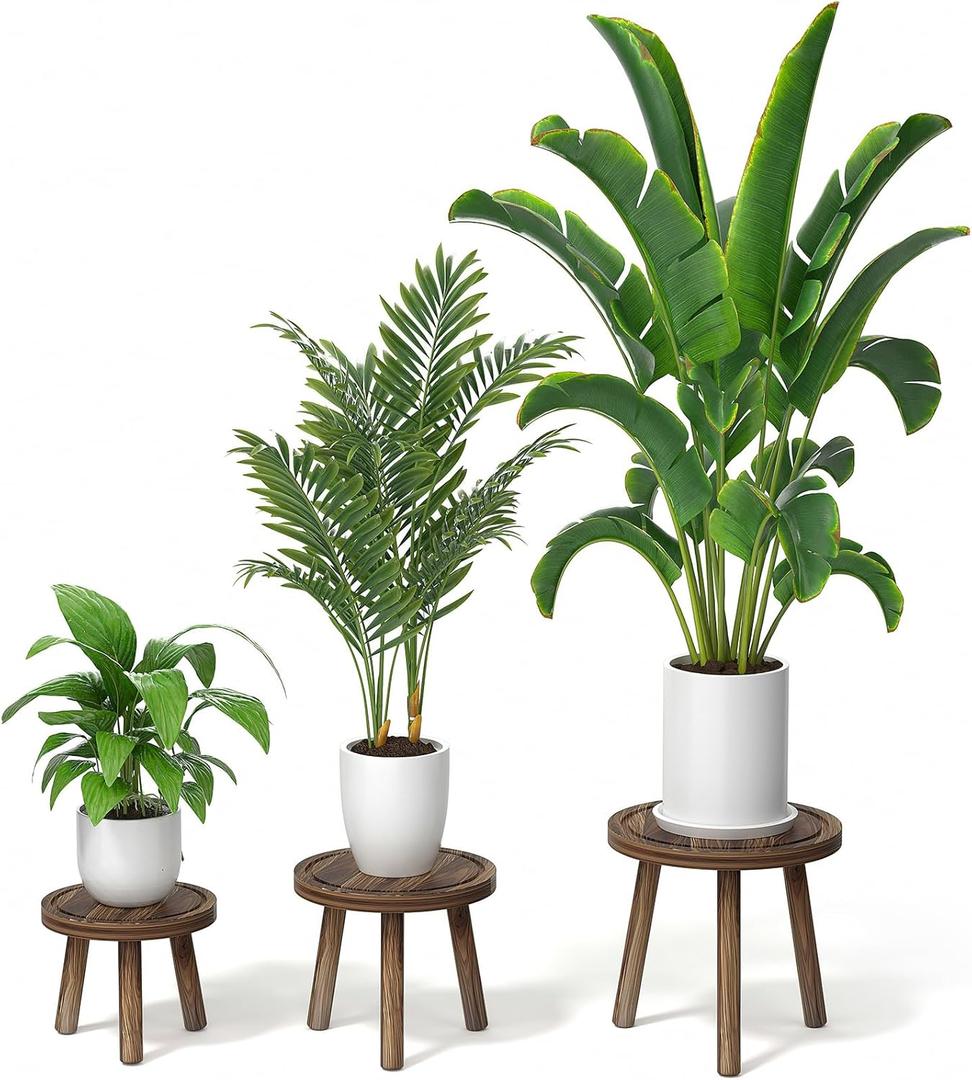 3-Pack Wood Plant Stands Indoor, Single Plant Stand for 6-12 Inch Pots, Mid-Century Modern Plant Stool, Tall Plant Stand for Large Plants Perfect Fit for Living Room, Balcony, Office (heavy burnt color)