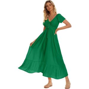 Summer Floral Smocked Maxi Dress for Women 2026 Casual Flowy Tiered A Line Boho Beach Party Long Dresses with Short Sleeve. 140 Size