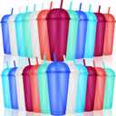Hsei Reusable Glitter Tumbler Cups with Dome Lids and Straws 24 oz Plastic Tumbler Iced Coffee Cup Mug for Travel Birthdays Party Supplies(Cute Color, 24 Pack)