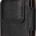 Cell Phone Waist Pouch Men Leather Compatible with Samsung Galaxy Z Flip 6/Z Flip 5/Z Flip 4/Z Flip 3/Z Flip 4G 5G, Cellphone Holster with Belt Clip Phone Belt Pouch Bag with Belt Loop Carabiner Hook (Black)
