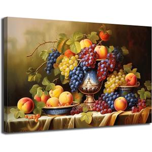 Kitchen Fruit Canvas Wall Art Vintage Still Life Painting Fruits and Grape Print Picture Rustic Farmhouse Colorful Framed Food Art for Dining Room Home Decor, 24"L x 16"W