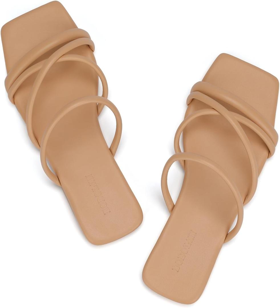 Women's Flat Sandals Strappy Square Open Toe Slide Sandals Dressy Comfortable Wide Feet Friendly (9.5, Nude)