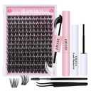 Uilulu Lash Clusters Kit for DIY Lash Extension at Home, False Eyelashes Set with Bond Seal, Lash Remover, Brush, Tweezers, D Curl Wispy Individual Clusters Eye Lash Extensions (U04 Kit)