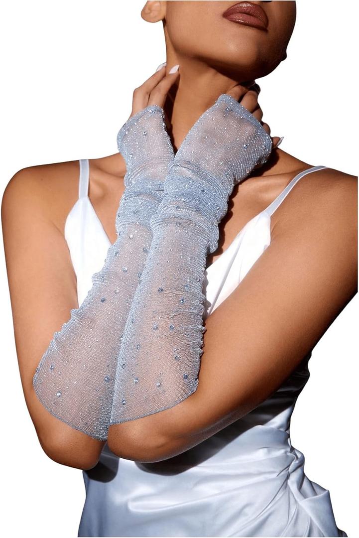 Floerns Women's Rhinestone Sparkly Fingerless Gloves Mesh Sheer Wedding Arm Gloves (Grey)