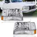 LED Headlights w/LED Bar for Ford F150 F250 F350 Bronco 1992 1993 1994 1995 1996 Amber Reflector Chrome Housing Left Right Replacement DRL Headlamp