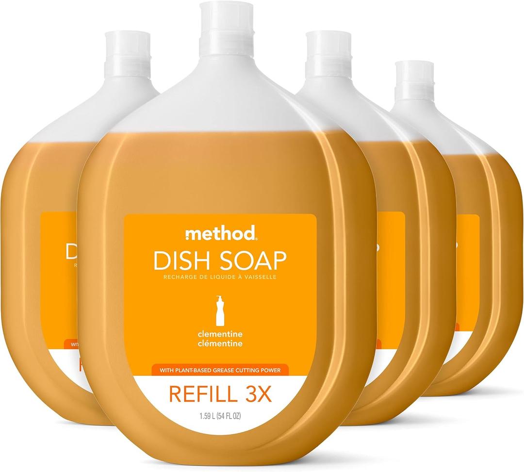 Method Gel Dish Soap Refill, Clementine Scent, Powerful Cleaning Formula, Large Refill Tub, Cuts Through Grease, 54 Fl Oz (Pack of 4)