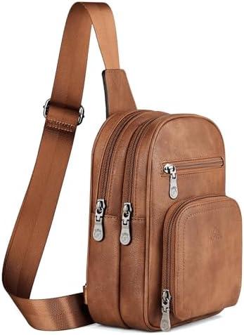 FADEON Sling Bags for Women Crossbody Bags, Designer PU Leather Sling Purse Multi-Pocket Packs with Card Slot Purse Brown