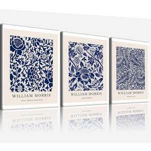 3 Pcs William Morris Floral Canvas Wall Art, Blue and White Botanical Poster Prints, Vintage Gallery Wrapped Wall Decor for Living Room Bedroom Bathroom Studio, 16x24 Inch Ready to Hang
