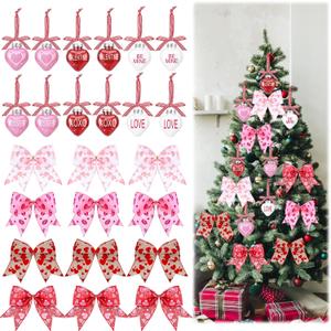 Valentines Day Tree Decorations Set, 12 Heart Glitter Words Ball Ornaments 12 Valentines Tree Bows Decorations for Home Party Front Door Wedding Holiday Decor