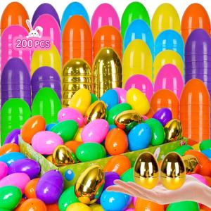200 PCS Fillable Plastic Easter Eggs with 6 Golden Eggs, 2.4 Inch Empty Colorful Eggs for Kids Boys Girls Easter Hunt Party Supplies Classroom Rewards Basket Stuffers Easter Party Favors