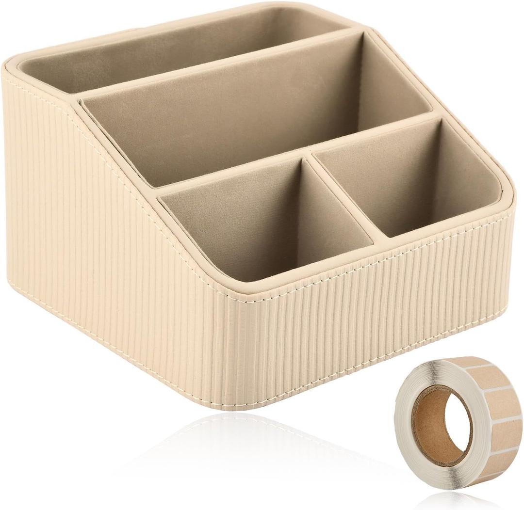 Remote Control Holder, Small Nightstand Organizer with 4 Compartments, PU Leather Desk Caddy, Multifunctional Bedside Desktop Organizers with Label Stickers(COLOR:Beige)