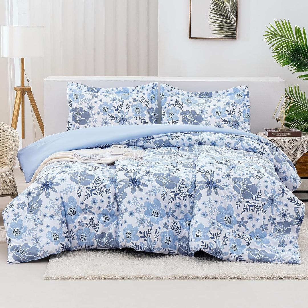 Mooreeke Floral Queen Size Comforter Sets, Lightweight Blue Botanical Flower Printed Bedding for All Seasons, 3-Piece Vintage Bed in a Bag with Fluffy Quilted Reversible Comforter & 2 Pillow Shams