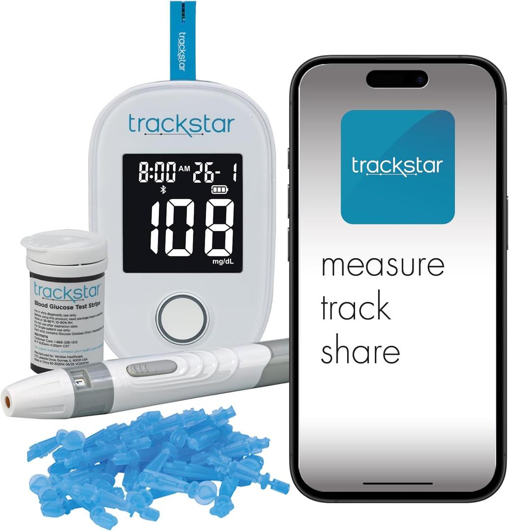 Trackstar Blood Glucose Kit | Monitor, Strips, Lancets, Lancing Device | Trackstar Monitoring App | Bluetooth iOS & Android Compatible | Measure, Track, and Share Results