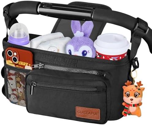Guiseapue Universal Stroller Organizer with Cup Holder: Baby Essentials, Stroller Caddy Accessories with Detachable Phone Bag, Non-Slip Straps, Fits for Uppababy, Baby Jogger, New Moms Baby Gifts