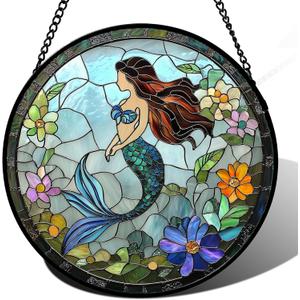 Stained Glass Window Hanging Suncatcher, 7.9 * 7.9 Round Hanging Glass Art Decor Mother's Day Birthday Gifts for Women, Decorative Sun Catcher for Window Door Garden Home Decor (Mermaid Garden)