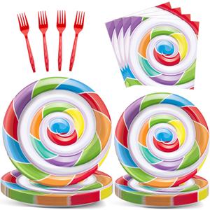 96pcs Candy World Party Supplies for 24 Guests Sweet Candy Tableware Set Lollipop Plates Napkins Dinnerware Table Decorations for Birthday Pink Donut Party Favors