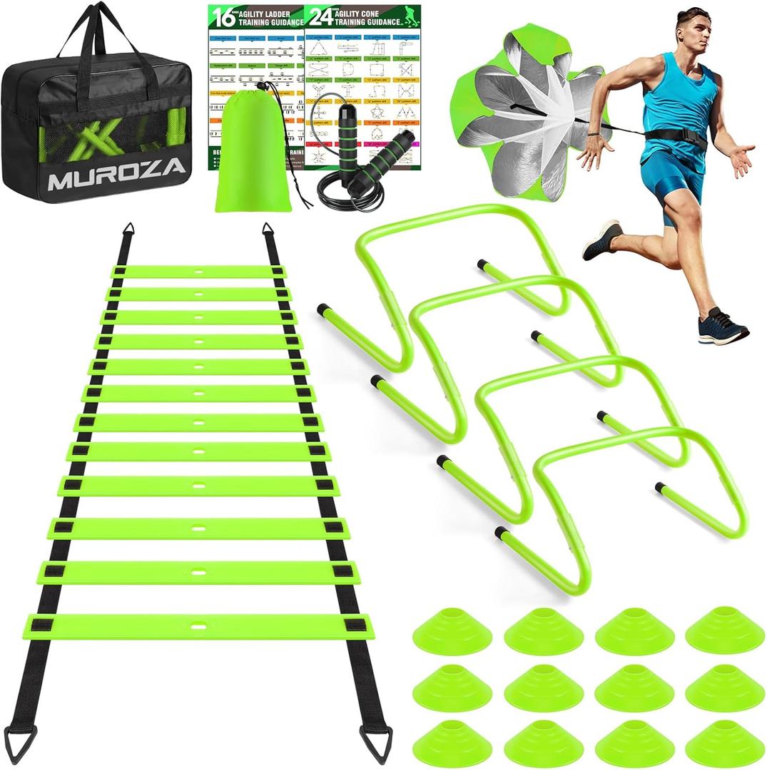 MUROZA Agility Ladder, Agility Speed Training Equipment Set, 20ft Speed Ladder, 12 Soccer Cones, 4 Hurdles, Jump Rope, Running Parachute, Soccer Football Basketball Training Equipment Accessories